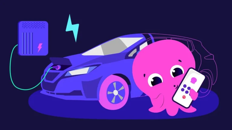 Illustration d’Octopus Energy : sa mascotte, une pieuvre rose, tient un smartphone devant une voiture électrique branchée à une borne murale