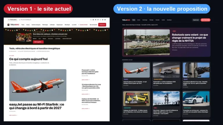 Comparaison de la page d’accueil actuelle de Tesla Mag et de la nouvelle version proposée