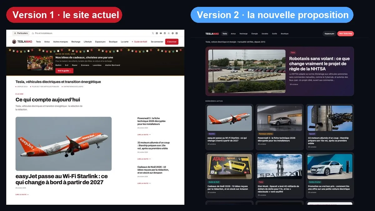 Comparaison de la page d’accueil actuelle de Tesla Mag et de la nouvelle version proposée