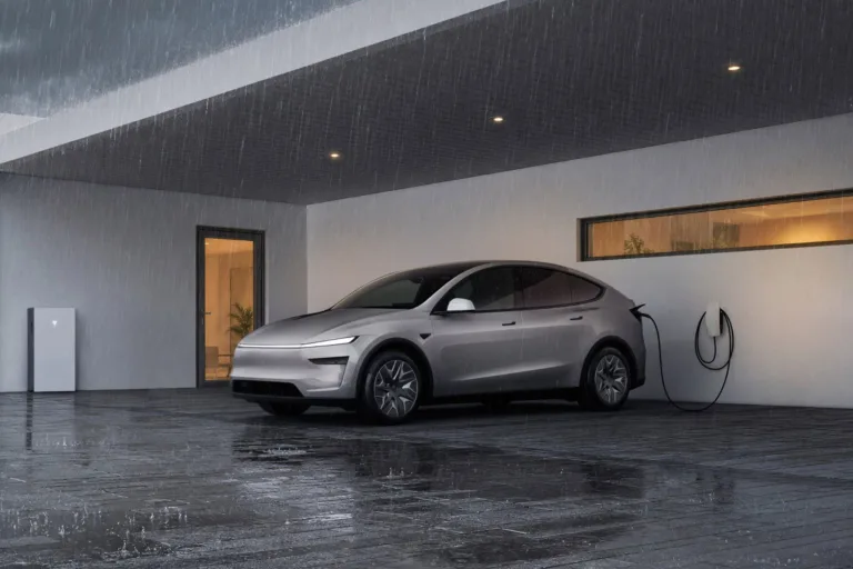 Un Tesla Model Y branché à un Wall Connector, un Powerwall 3 fixé au mur, un soir de pluie