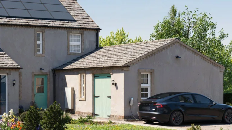 Maison avec panneaux solaires, batterie Powerwall 3 et voiture Tesla garée devant