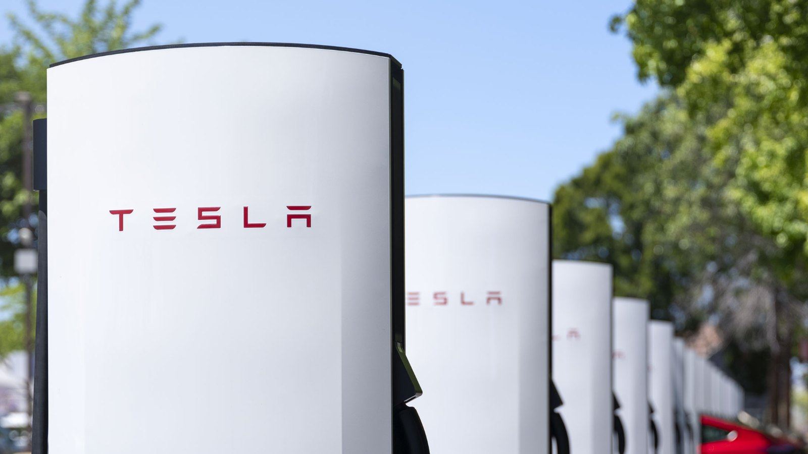 Une rangée de Superchargeurs Tesla V4 sur un parking arboré