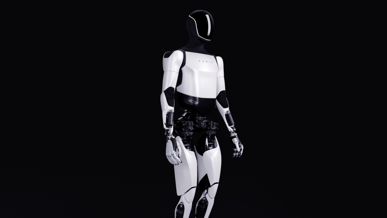 Robot humanoïde Tesla Optimus, blanc et noir, sur fond noir