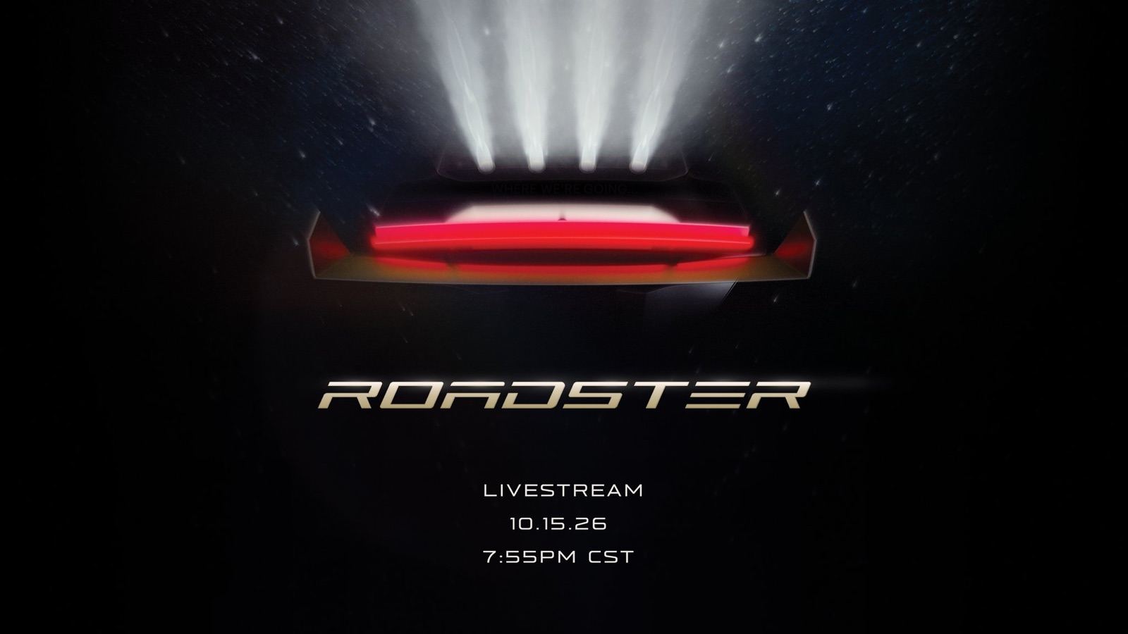 Visuel officiel de Tesla annonçant la diffusion en direct du Roadster le 15 octobre 2026 à 19 h 55, heure du Texas