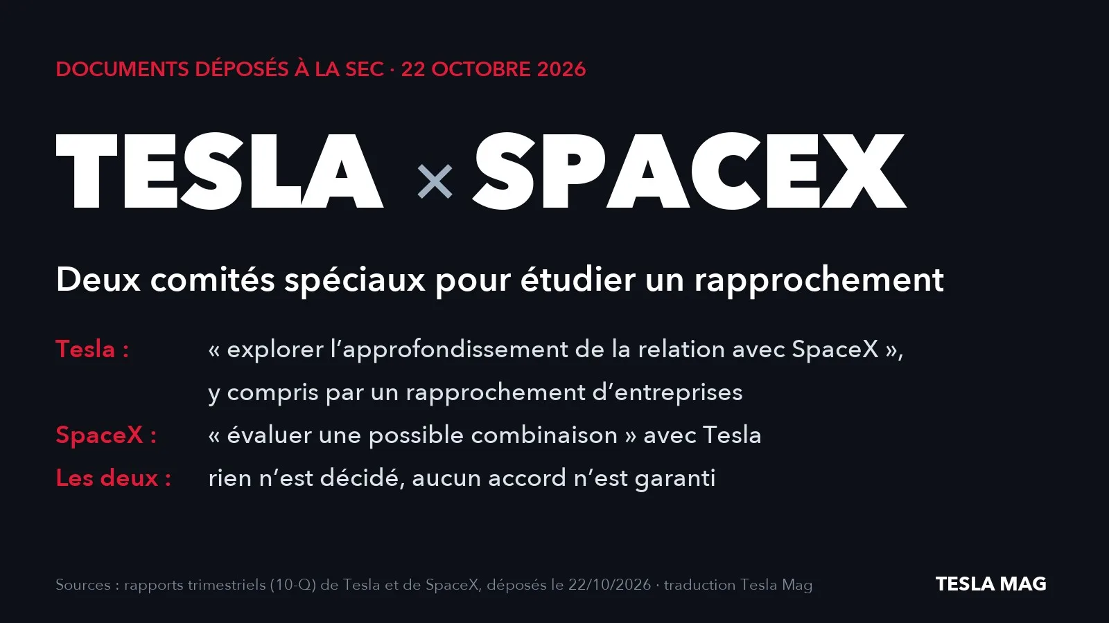 Tesla et SpaceX : deux comités spéciaux pour étudier un rapprochement, d'après leurs rapports trimestriels déposés à la SEC le 22 octobre 2026