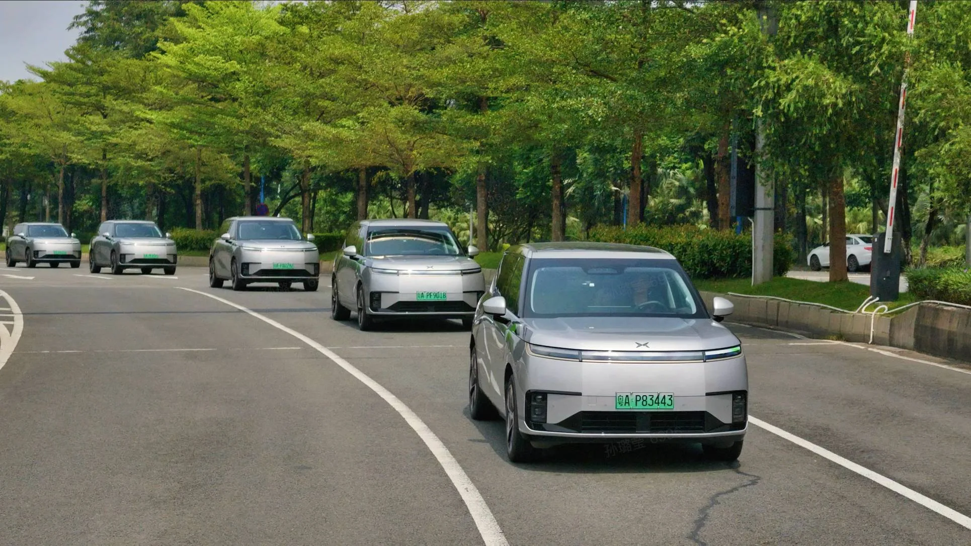 Des robotaxis XPENG YOYO roulent en file sur une avenue arborée de Canton