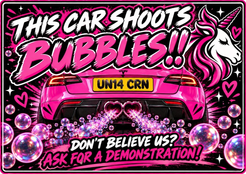 This car shoots bubbles: The Unicorn Tesla show board