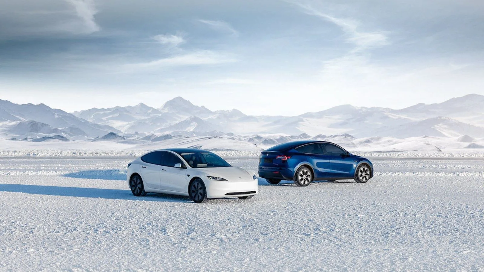 A Tesla Model 3 and Model Y in a snowy mountain landscape